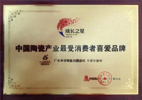 卡诺尔中国陶瓷产业最受消费者喜爱品牌奖牌
